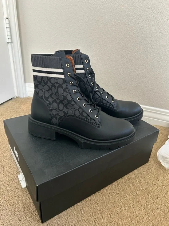 COACH women’s Black Signature Logo Combat Boots - Picture 3 of 5